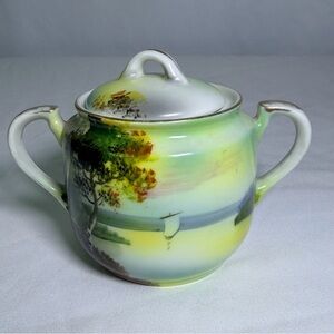 Antique Noritake Hand Painted Porcelain Lidded Sugar Bowl Japan Scenic Landscape